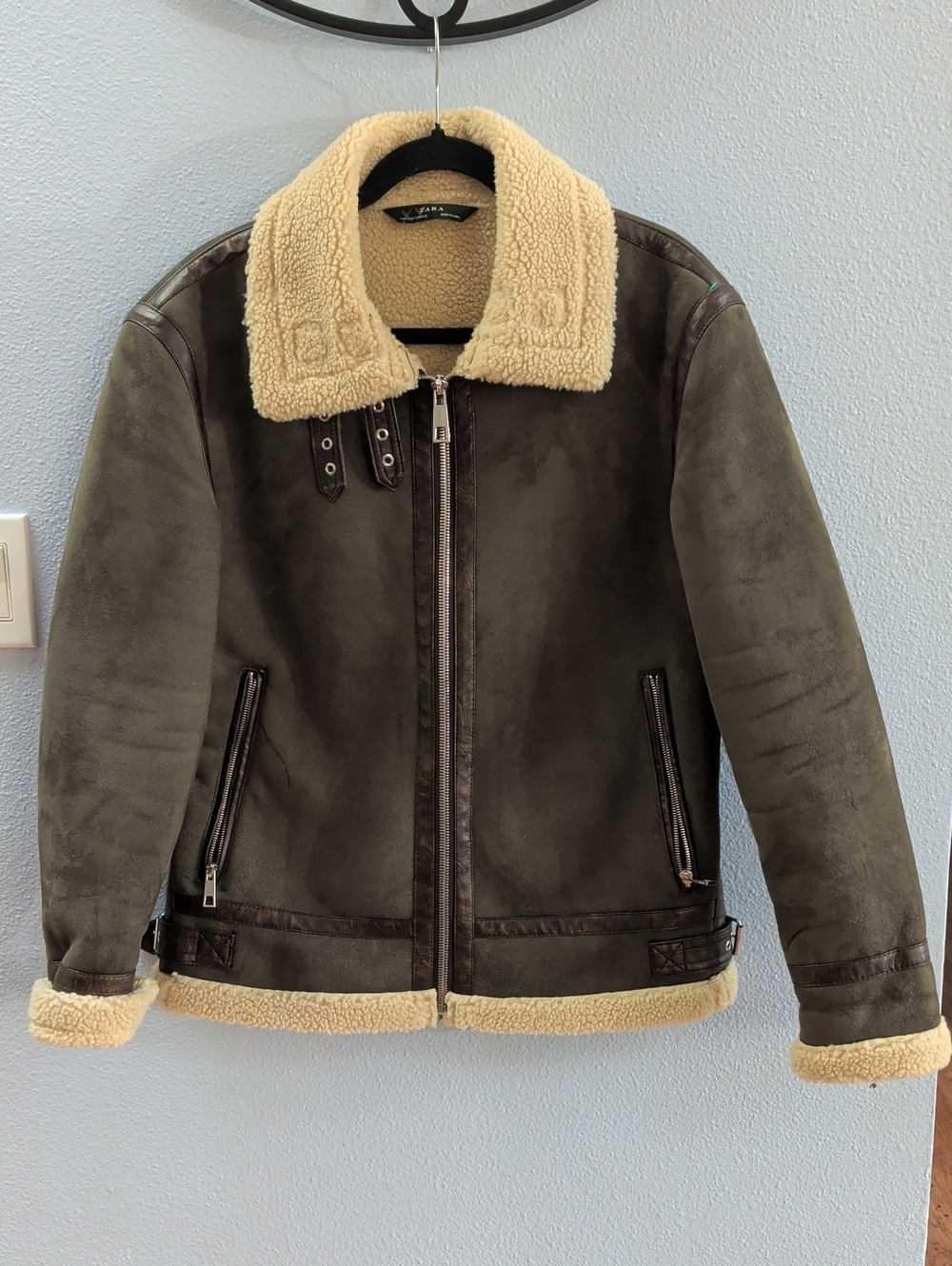 Zara Men's Shearling-Trim Flight Bomber Jacket - Olive Green